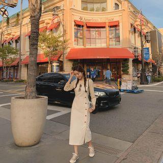 Button-through Long Pinafore Dress Cream - One Size