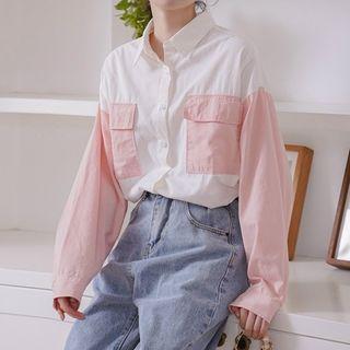 Pocket-front Two-tone Long-sleeve Shirt