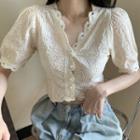 Puff-sleeve V-neck Lace Trim Top