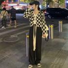 Checkered Cardigan / Drawstring Wide-leg Pants