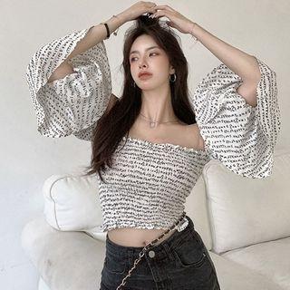 Off-shoulder Letter Smocked Crop Top