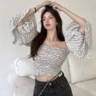 Off-shoulder Letter Smocked Crop Top