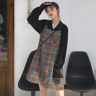 Long-sleeve Plain Shirt / Sleeveless Color Panel Plaid Dress