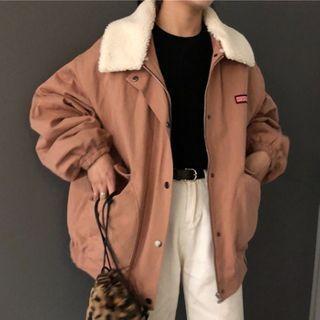 Letter Embroidered Zip Jacket Pink - One Size