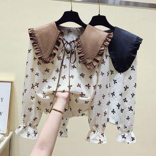 Flared-cuff Bow Print Blouse
