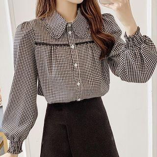 Lantern-sleeve Collared Plaid Blouse