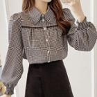 Lantern-sleeve Collared Plaid Blouse