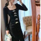 Puff-sleeve Square-neck Rhinestone Midi A-line Dress
