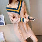Contrast-neckline Cable-knit Sweater Dress