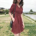 Dotted Elbow-sleeve Chiffon A-line Dress