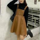 Turtleneck Sweater / Faux Leather Mini A-line Overall Dress