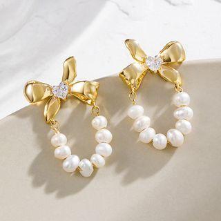 Bow Rhinestone Faux Pearl Alloy Dangle Earring 1 Pair - Dangle Earring - Bow & Faux Pearl - Gold & White - One Size