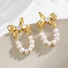 Bow Rhinestone Faux Pearl Alloy Dangle Earring 1 Pair - Dangle Earring - Bow & Faux Pearl - Gold & White - One Size