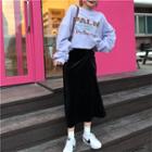 Long Sleeve Print Top / High Waist Velvet Maxi Skirt