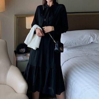 Long-sleeve Midi A-line Dress / Single-breasted Sweater Vest