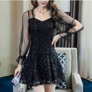Mesh-sleeve Fringe A-line Cocktail Dress