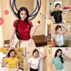 Plain Mock-neck Short-sleeve Slim-fit T-shirt