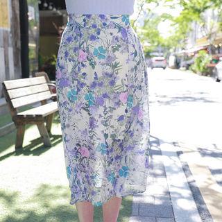 Floral Long Chiffon Skirt Ivory - One Size