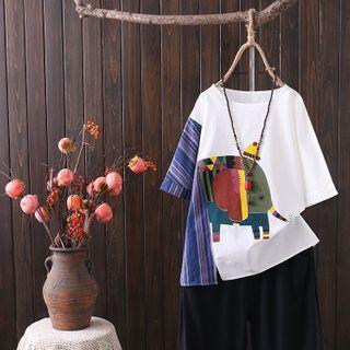 Short-sleeve Elephant Print Paneled T-shirt