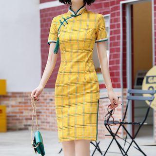 Crochet Trim Short-sleeve Plaid Qipao