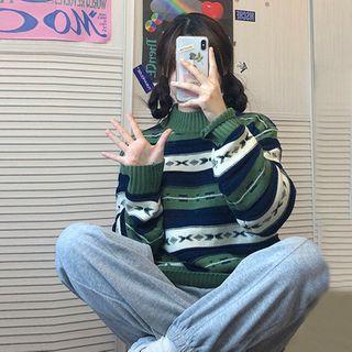 Striped Mock-neck Sweater Stripe - Blue & White & Green - One Size