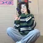 Striped Mock-neck Sweater Stripe - Blue & White & Green - One Size