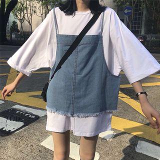 Crew-neck 3/4-sleeve T-shirt Dress / Denim Camisole Top