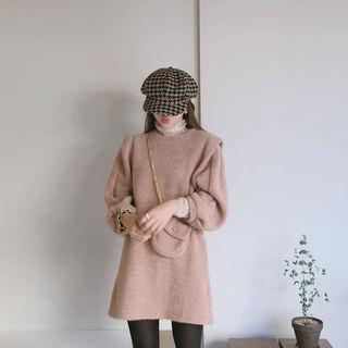 Set: Pleated-shoulder Puff-sleeve Mini Dress + Crossbody Bag