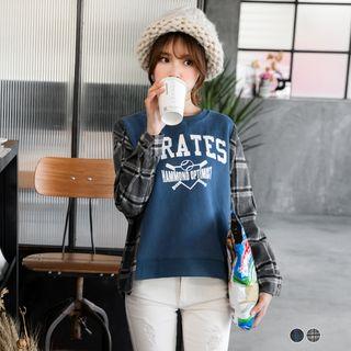 Plaid-sleeve Lettering Pullover