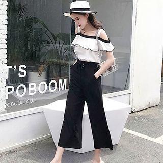 Set: Cold Shoulder Short-sleeve Top + Wide Leg Pants
