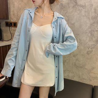 Long-sleeve Denim Shirt / Spaghetti Strap Mini A-line Dress