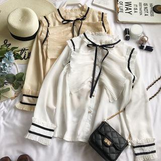 Contrast-trim Tie-neck Long-sleeve Blouse