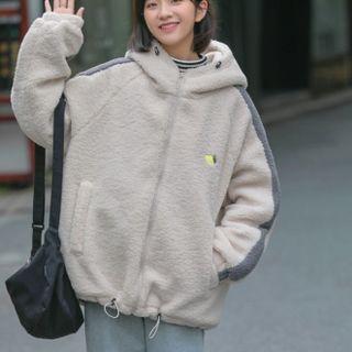 Embroidered Faux Shearling Hooded Zip Jacket