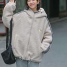 Embroidered Faux Shearling Hooded Zip Jacket