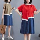 Short-sleeve Color Panel Midi A-line Shirt Dress