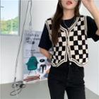 Checkerboard Button-up Sweater Vest Checkerboard - Black & White - One Size