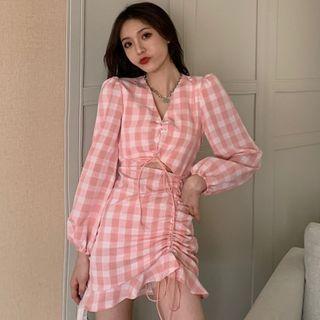 Long-sleeve Checked Ruched Mini Sheath Dress