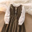 Long-sleeve Collared Blouse / Bow Pleated Overall Dress