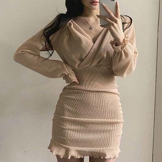 Long-sleeve V-neck Lettuce Edge Mini Bodycon Dress
