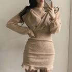 Long-sleeve V-neck Lettuce Edge Mini Bodycon Dress