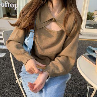 Mock Two-piece Collared Sweater Brown - One Size