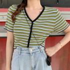 V-neck Striped Buttoned Top As Shown In Figure - One Size