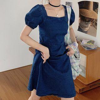 Puff Short-sleeve Denim A-line Dress