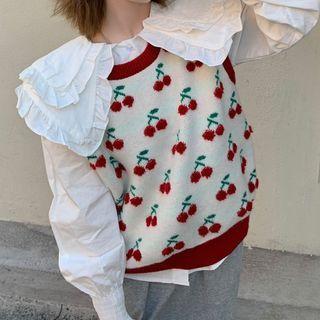Knitted Print Loose-fit Waistcoat / Plain Peter Pan Collar Blouse