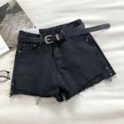 Asymmetric Frayed Denim A-line Shorts With Belt