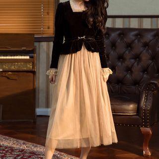 Flared-cuff Velvet Midi A-line Layered Dress