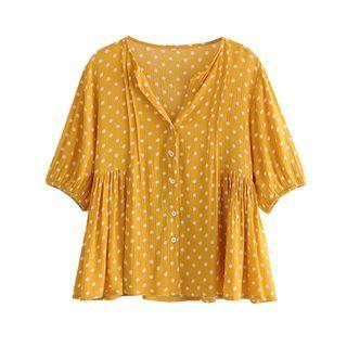 Elbow-sleeve Dotted Button-up Blouse