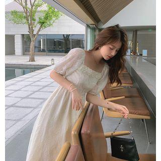 Square Neck Short-sleeve Midi A-line Dress / Strappy Dress