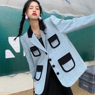 Puff Sleeve Pocket Detail Plaid Blazer
