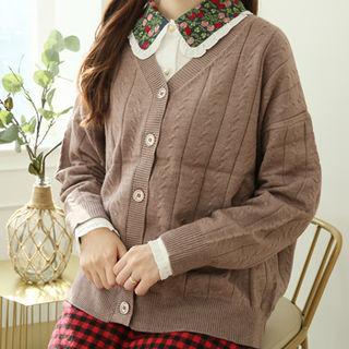 V-neck Drop-shoulder Punched Cardigan